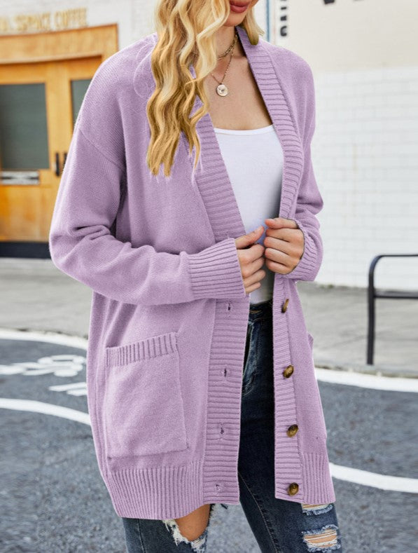 Longline Button Front Cardigan With Pockets - Purple