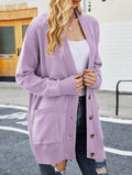 Longline Button Front Cardigan With Pockets - Purple