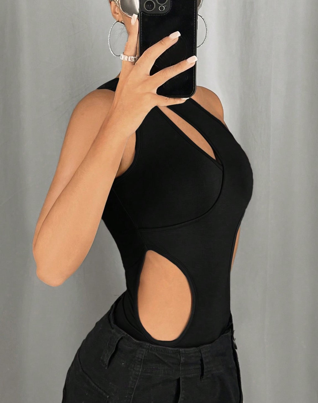 Asymmetric One Shoulder Cutout Bodysuit - Black