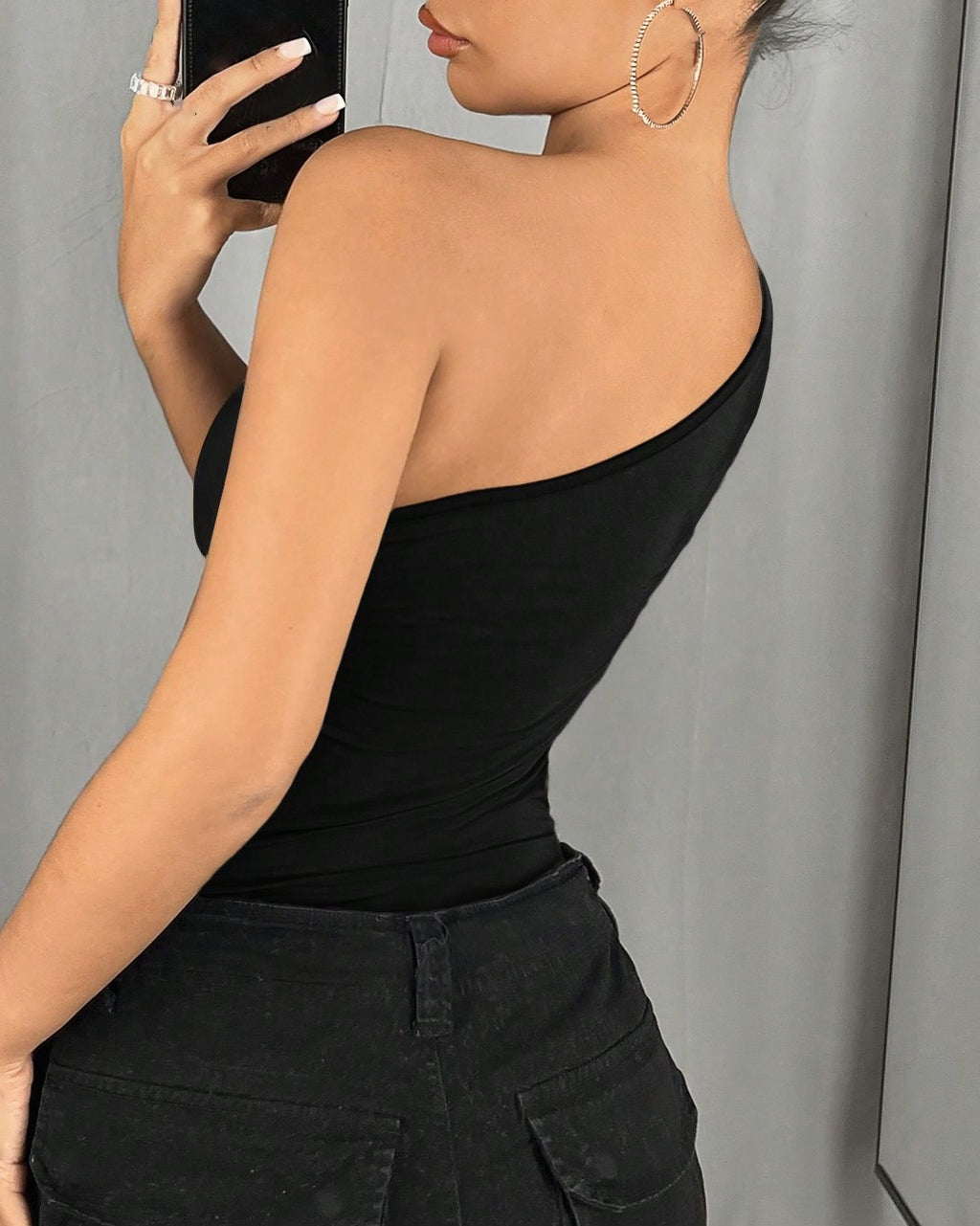 Asymmetric One Shoulder Cutout Bodysuit - Black - 1
