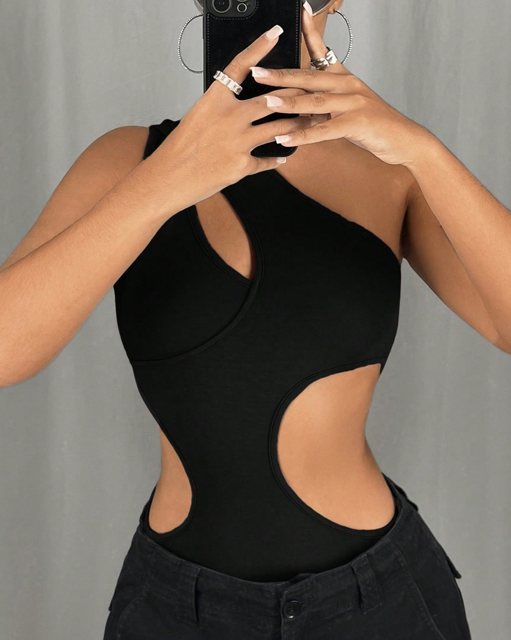 Asymmetric One Shoulder Cutout Bodysuit - Black - 2
