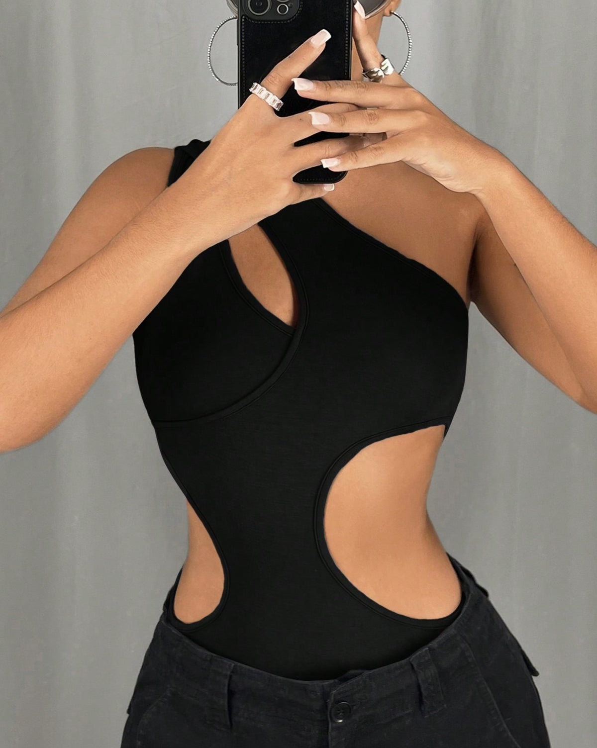 Asymmetric One Shoulder Cutout Bodysuit - Black - 2