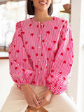 Heart Print Peplum Blouse With Balloon Sleeves - Red