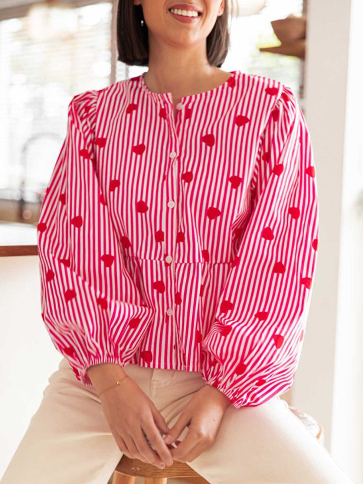 Heart Print Peplum Blouse With Balloon Sleeves - Red