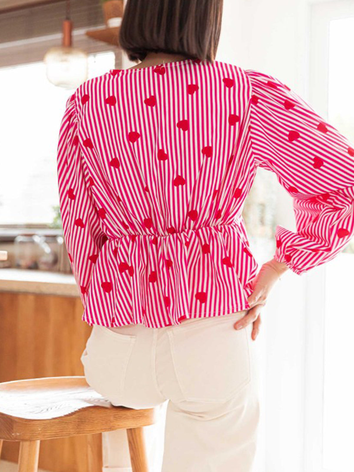 Heart Print Peplum Blouse With Balloon Sleeves - Red - 1
