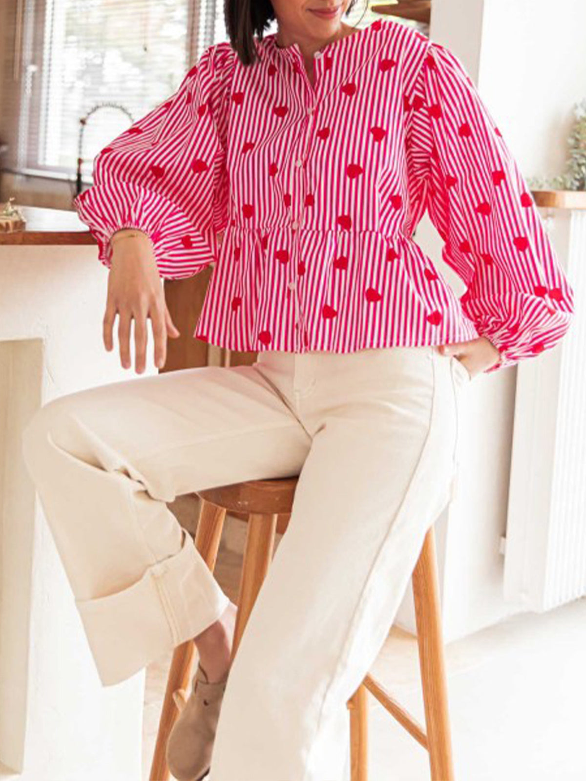 Heart Print Peplum Blouse With Balloon Sleeves - Red - 2