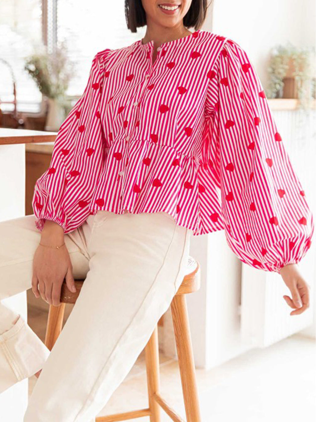 Heart Print Peplum Blouse With Balloon Sleeves - Red - 3