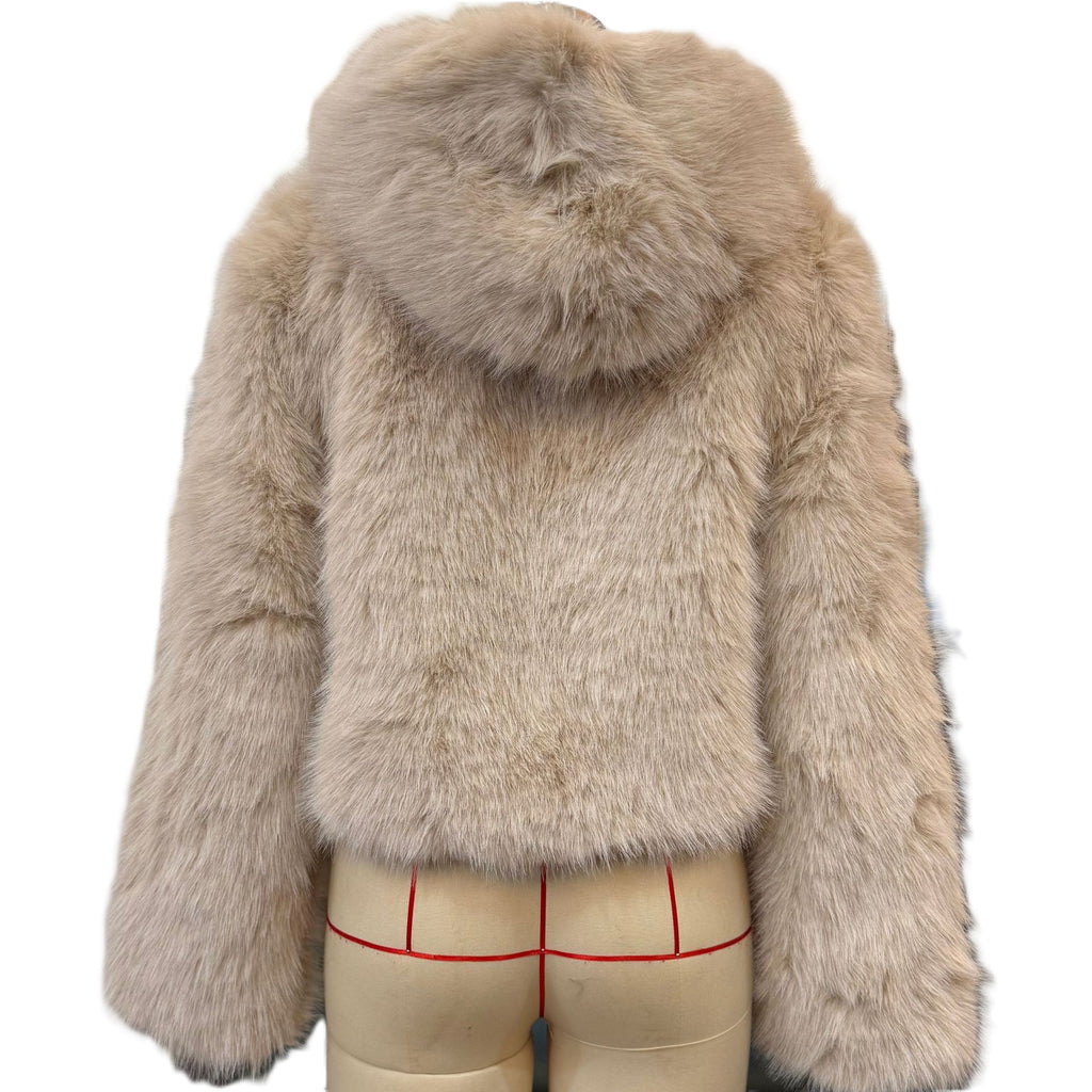 Hooded Shaggy Faux Fur Cropped Coat - Apricot - 1
