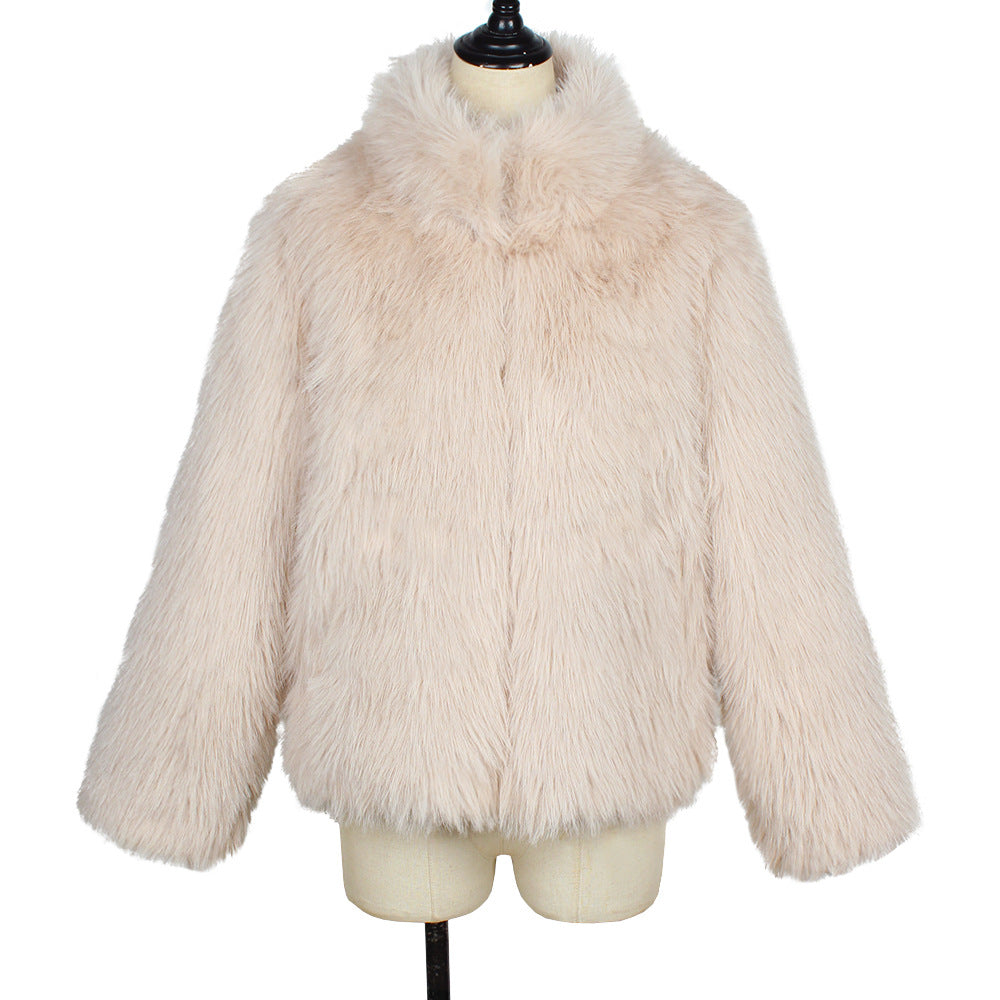 Shaggy Cropped Faux Fur Coat With Stand Collar - Beige