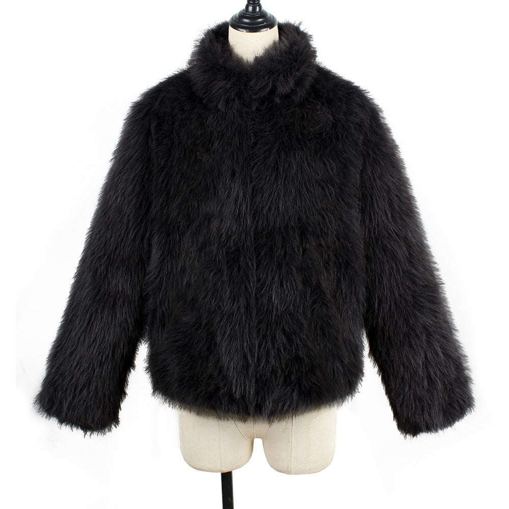 Shaggy Cropped Faux Fur Coat With Stand Collar - Black