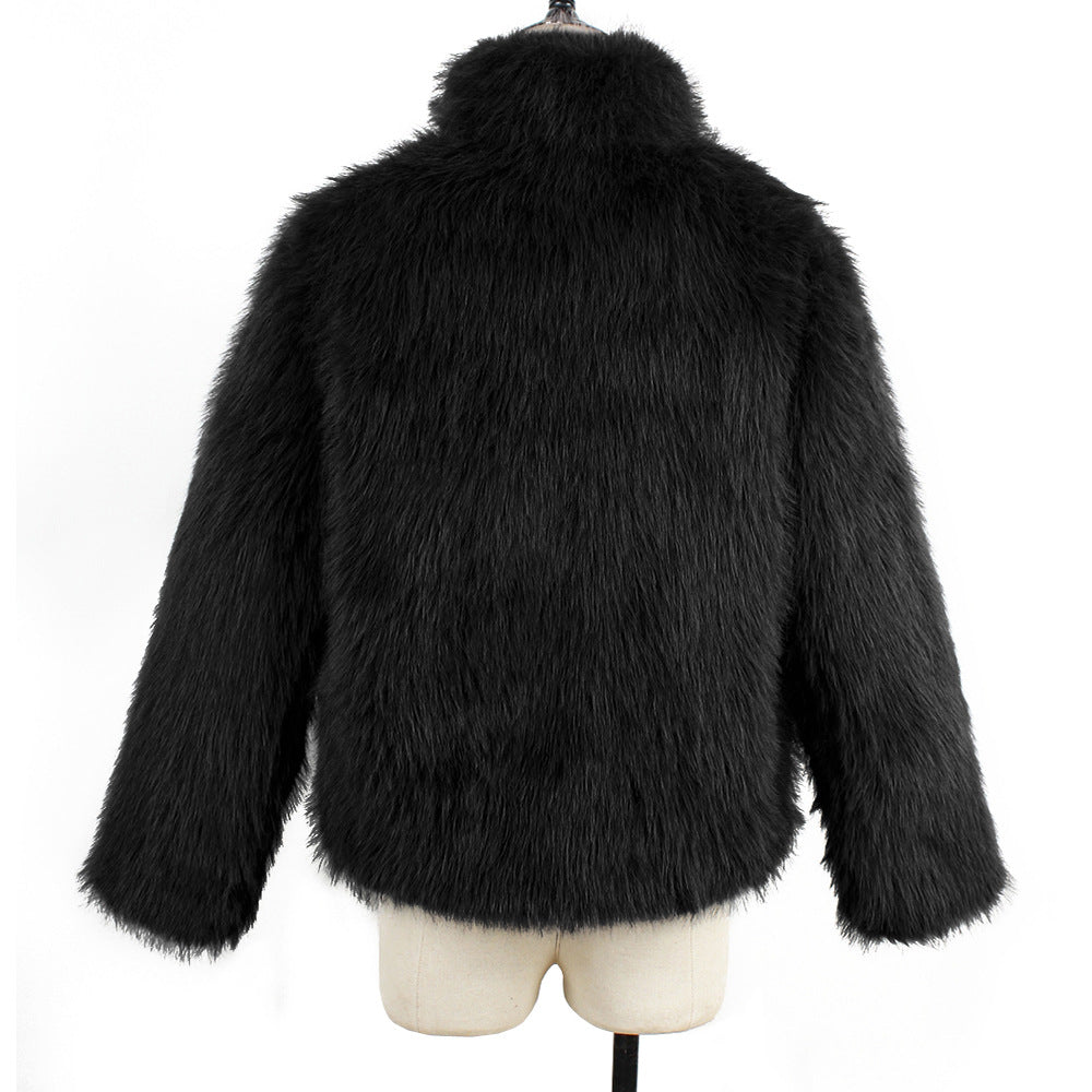 Shaggy Cropped Faux Fur Coat With Stand Collar - Black - 1