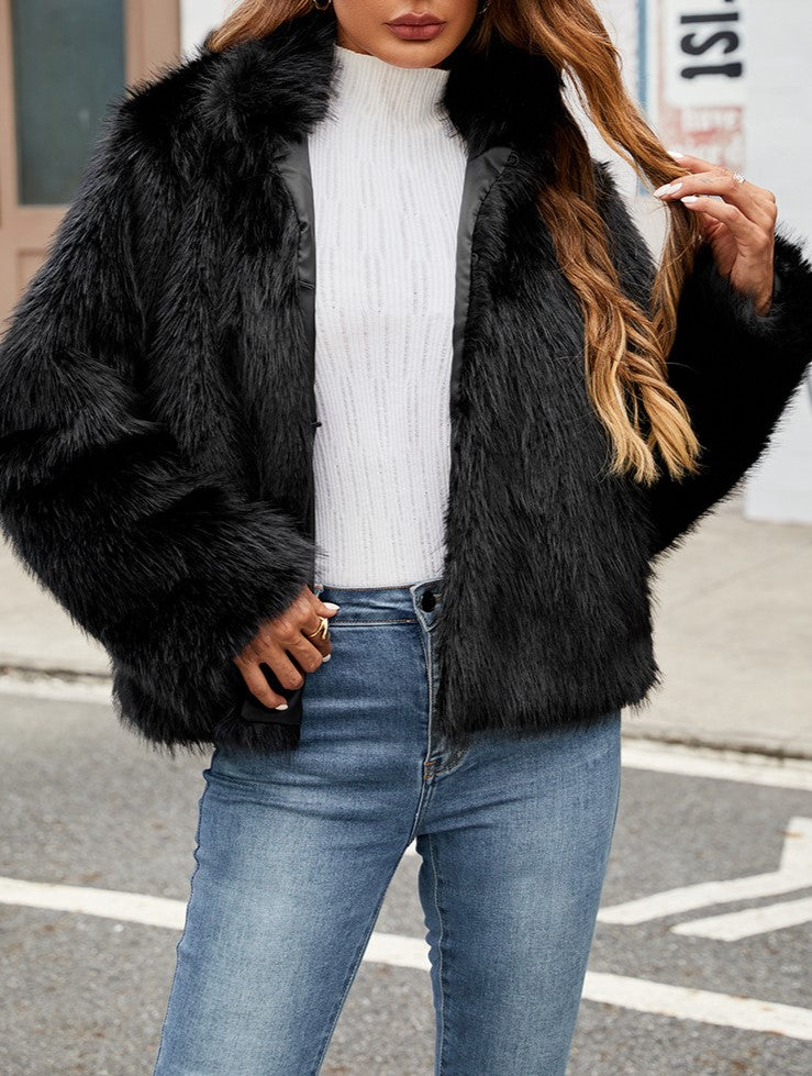 Shaggy Cropped Faux Fur Coat With Stand Collar - Black - 2