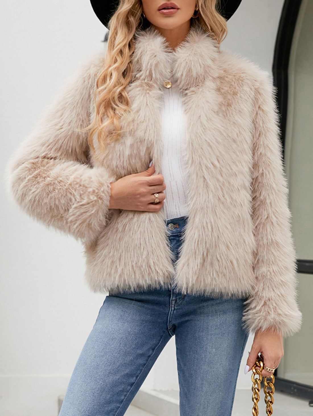 Shaggy Cropped Faux Fur Coat With Stand Collar