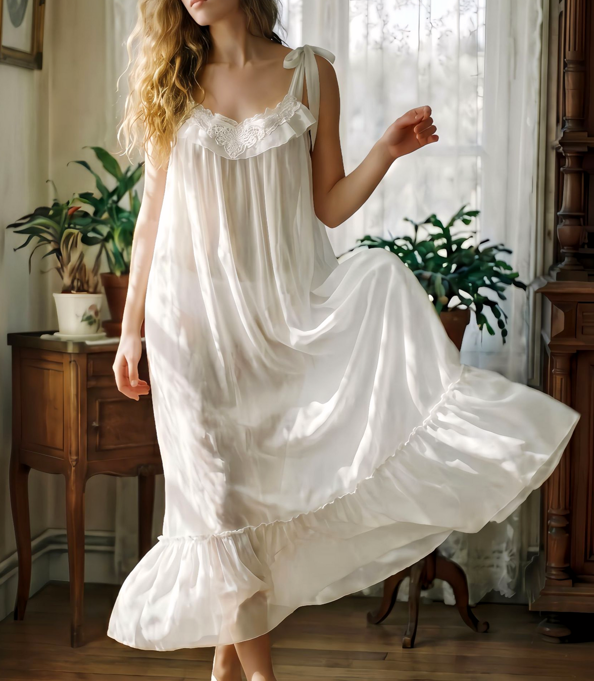 Tie Strap Ruffle Hem Sheer Nightgown - White