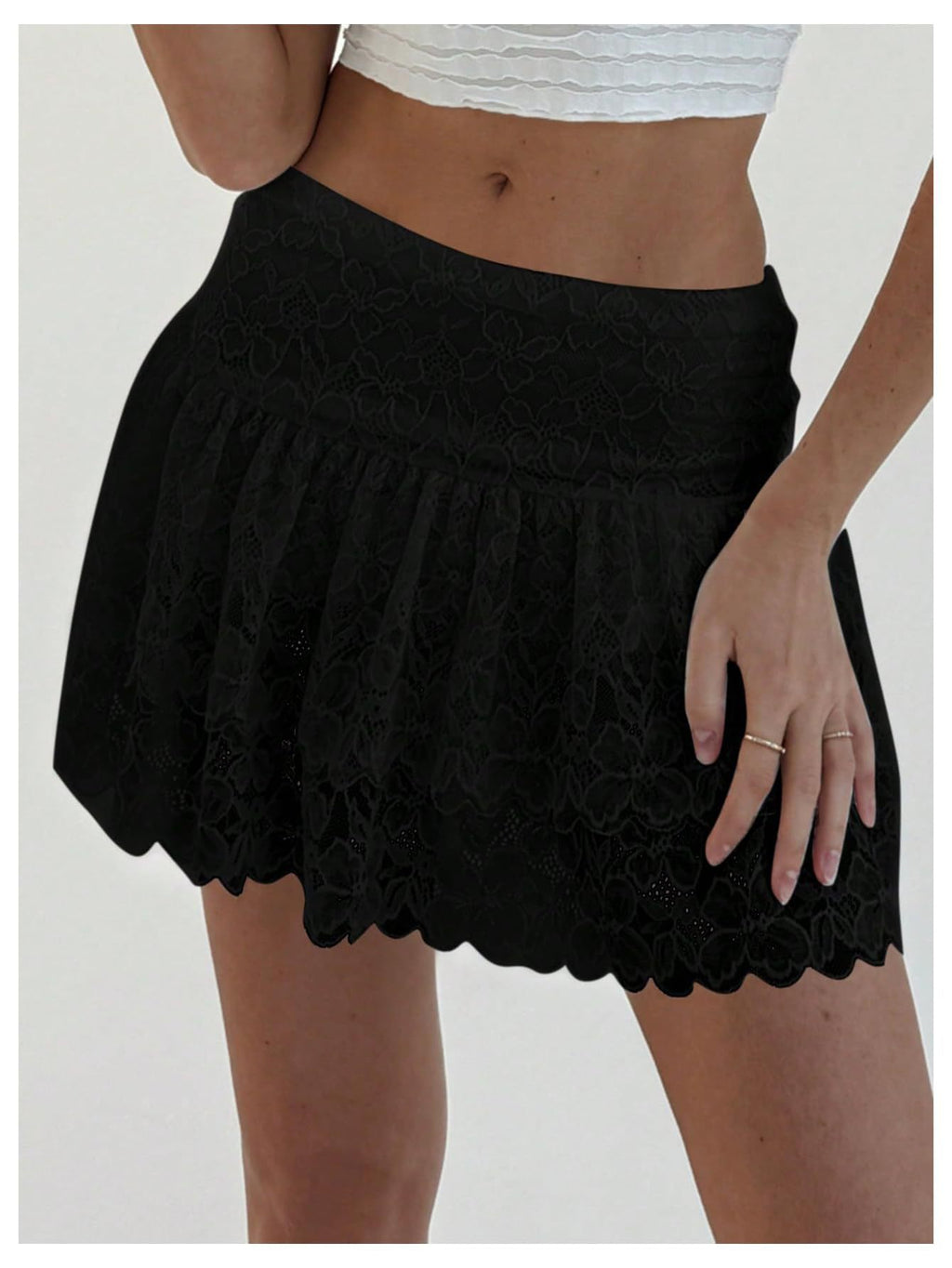 Tiered Floral Lace Ruffle Mini Skirt - Black