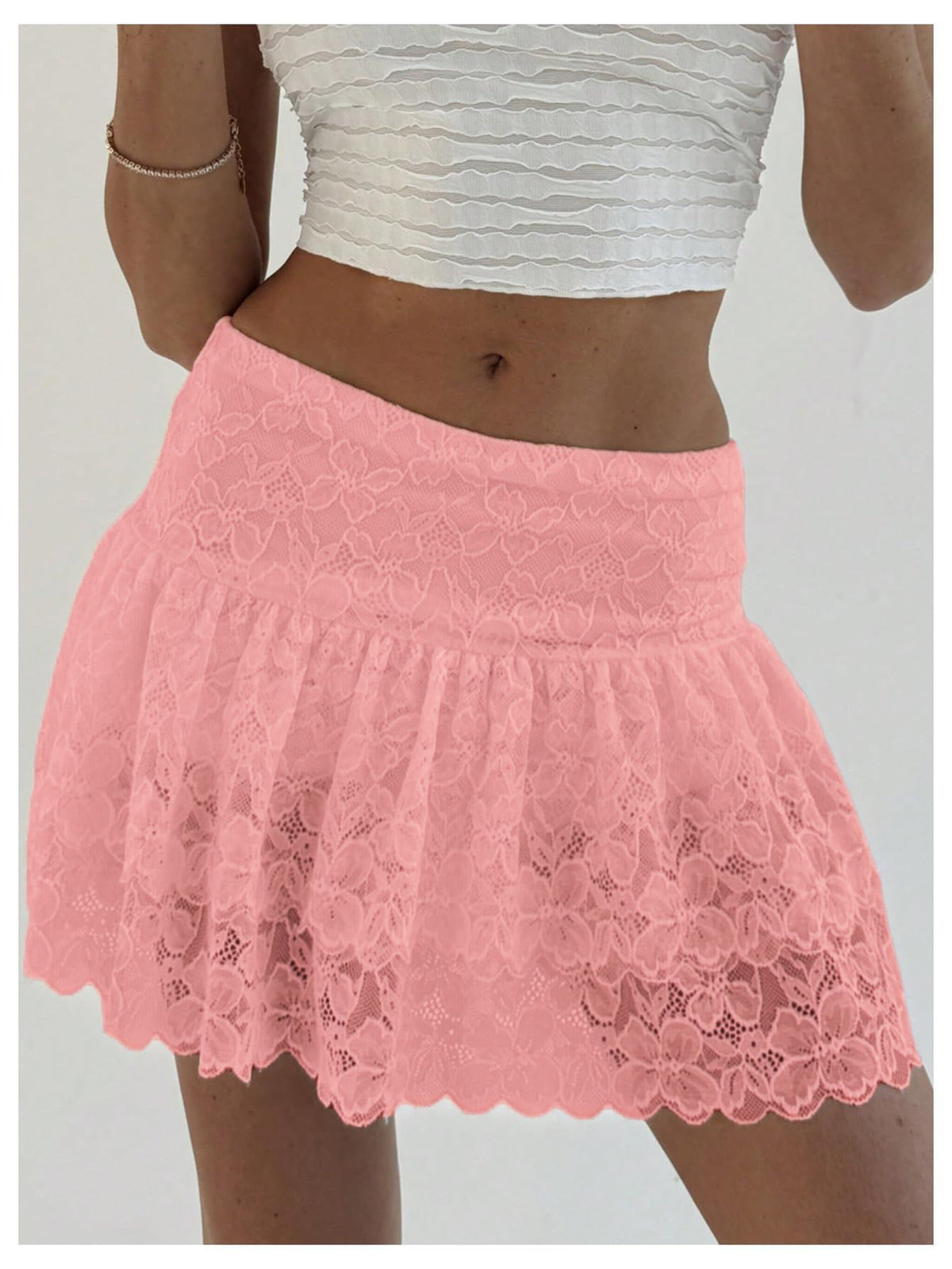 Tiered Floral Lace Ruffle Mini Skirt - Pink