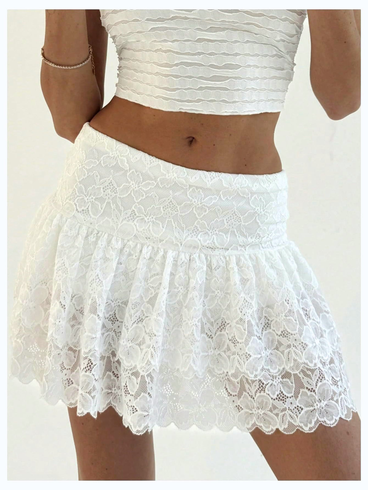 Tiered Floral Lace Ruffle Mini Skirt - White