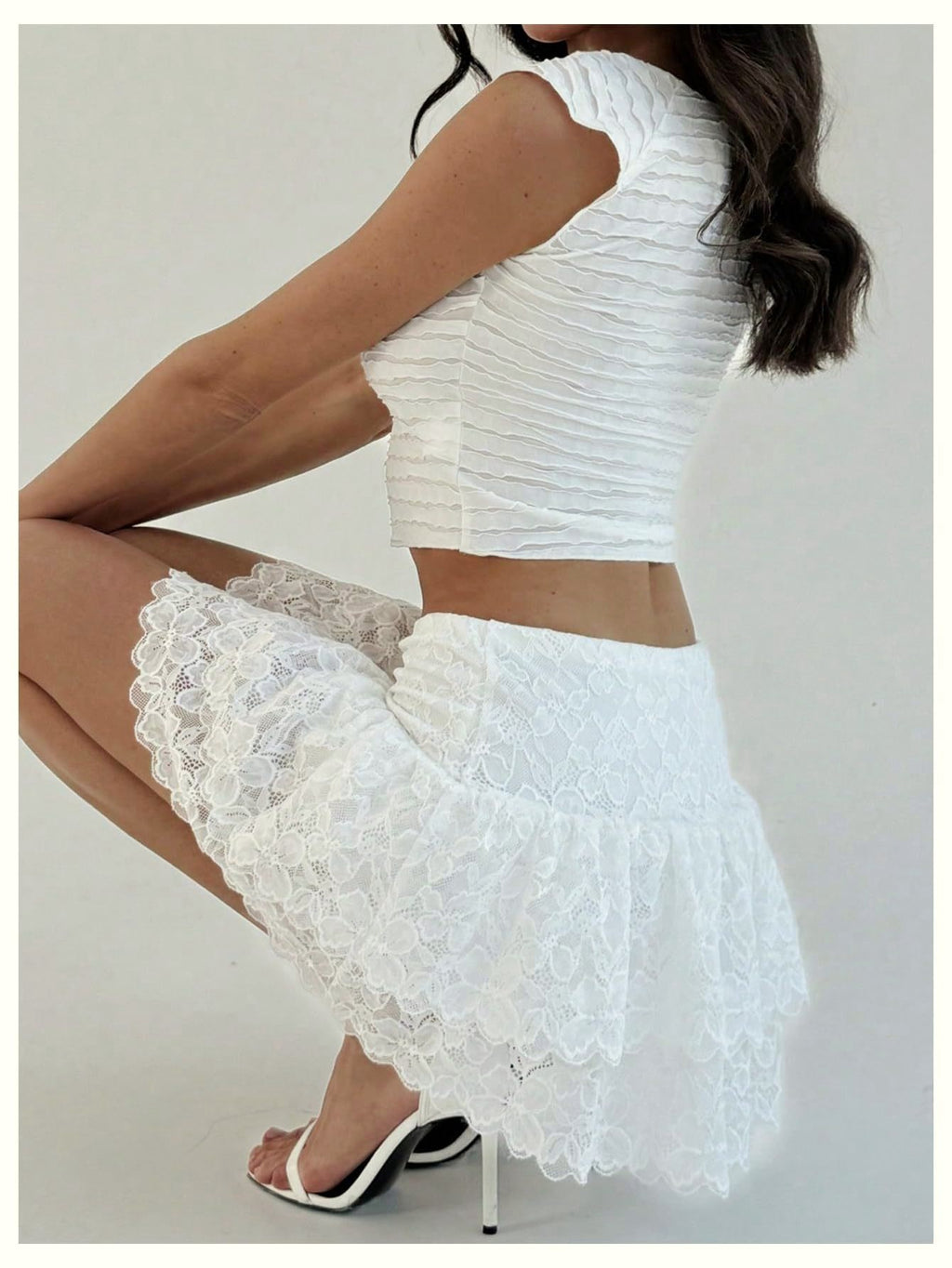 Tiered Floral Lace Ruffle Mini Skirt - White - 3