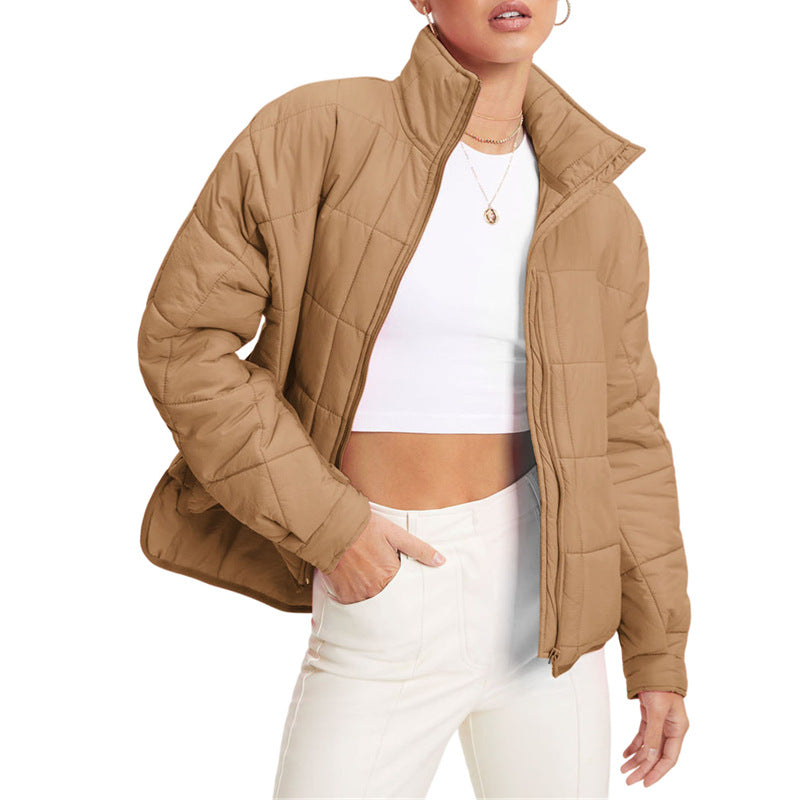 Oversized Quilted Puffer Jacket With Stand Collar - Apricot