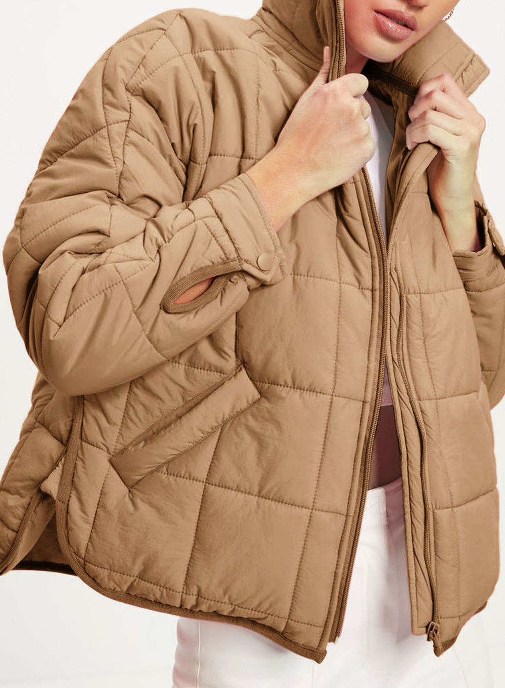 Oversized Quilted Puffer Jacket With Stand Collar - Apricot - 1