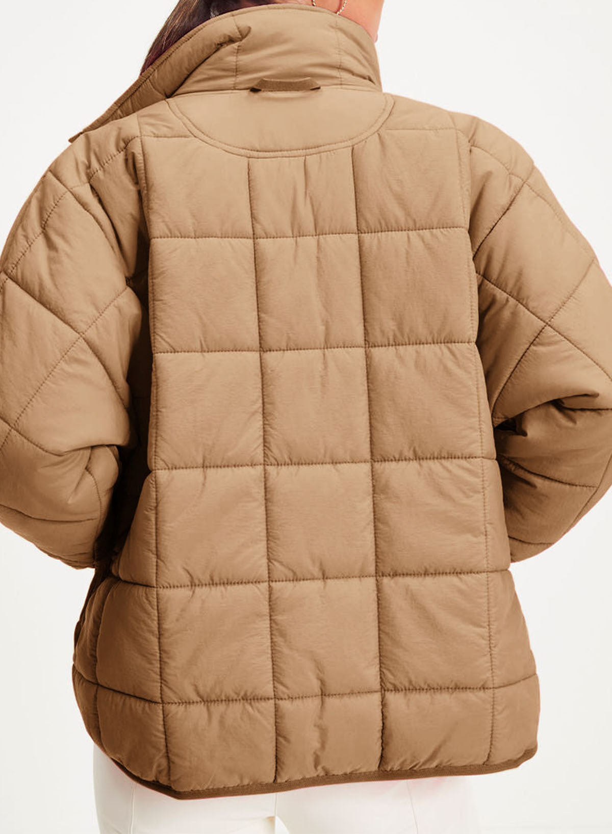 Oversized Quilted Puffer Jacket With Stand Collar - Apricot - 2