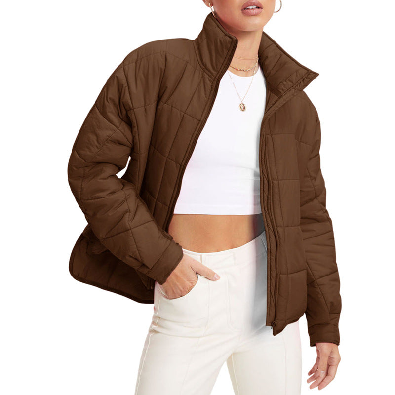 Oversized Quilted Puffer Jacket With Stand Collar - Brown
