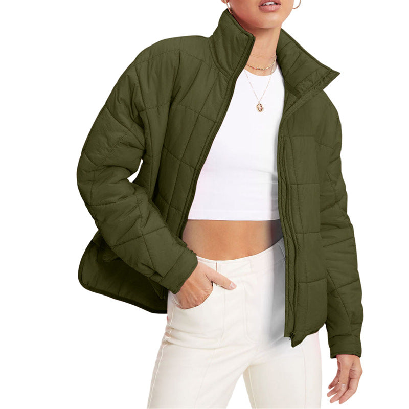Oversized Quilted Puffer Jacket With Stand Collar - Green