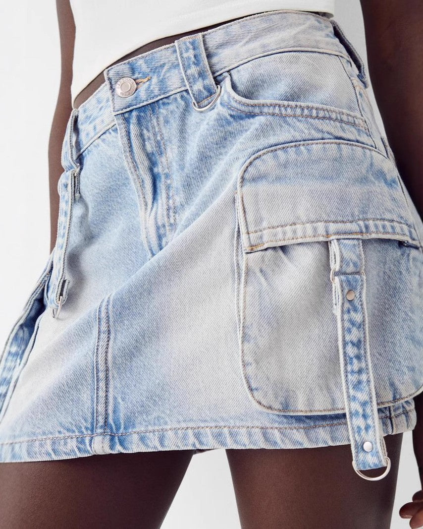Low Rise Cargo Pocket Denim Mini Skirt - Light-Blue