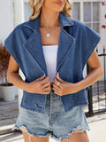 Sleeveless Lapel Double Breasted Denim Vest Jacket - Blue