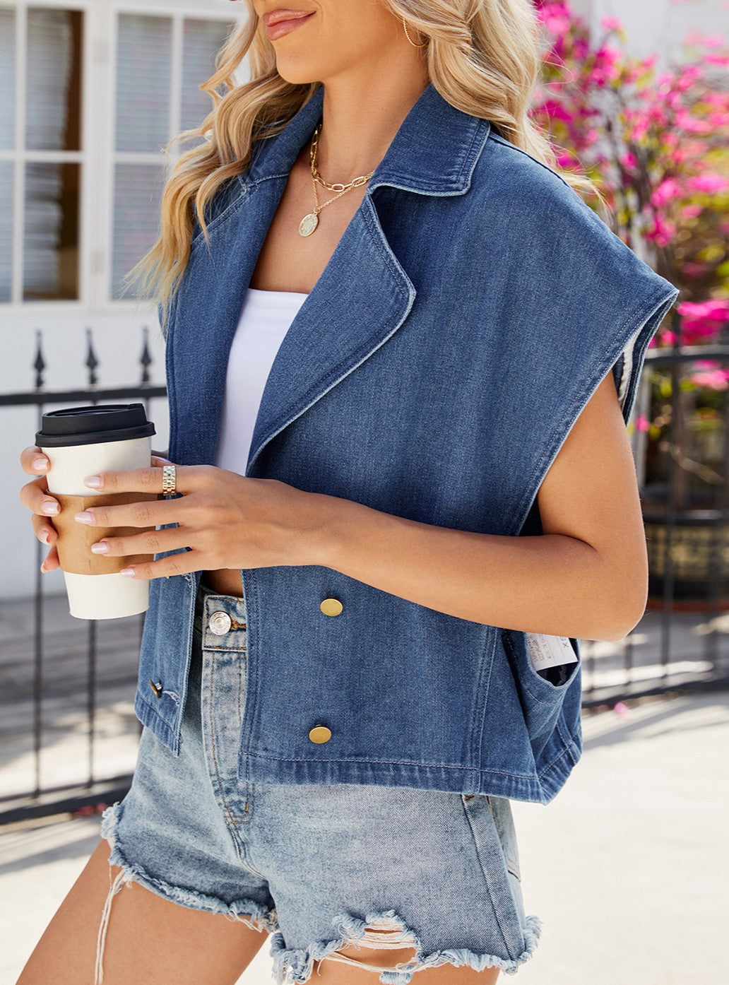 Sleeveless Lapel Double Breasted Denim Vest Jacket - Blue - 2