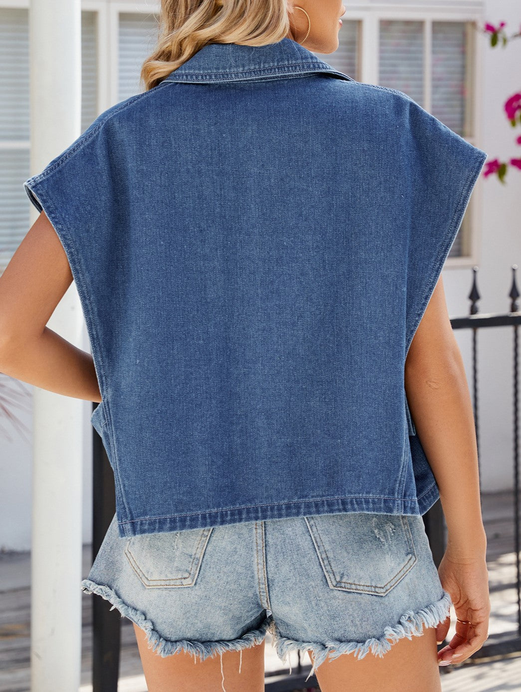 Sleeveless Lapel Double Breasted Denim Vest Jacket - Blue - 4