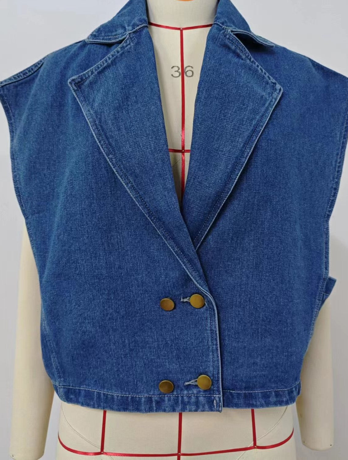 Sleeveless Lapel Double Breasted Denim Vest Jacket - Blue - 5