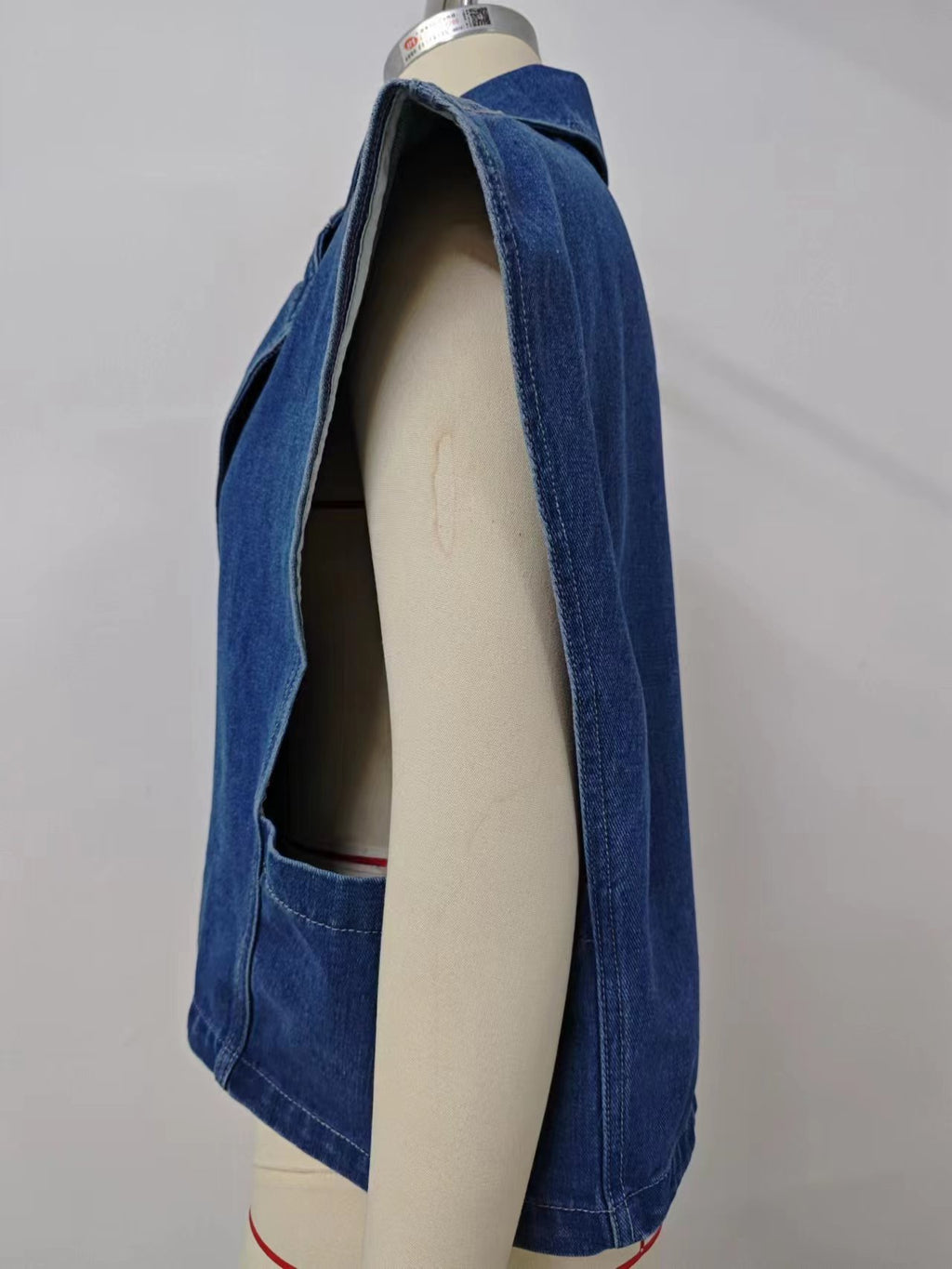 Sleeveless Lapel Double Breasted Denim Vest Jacket - Blue - 6