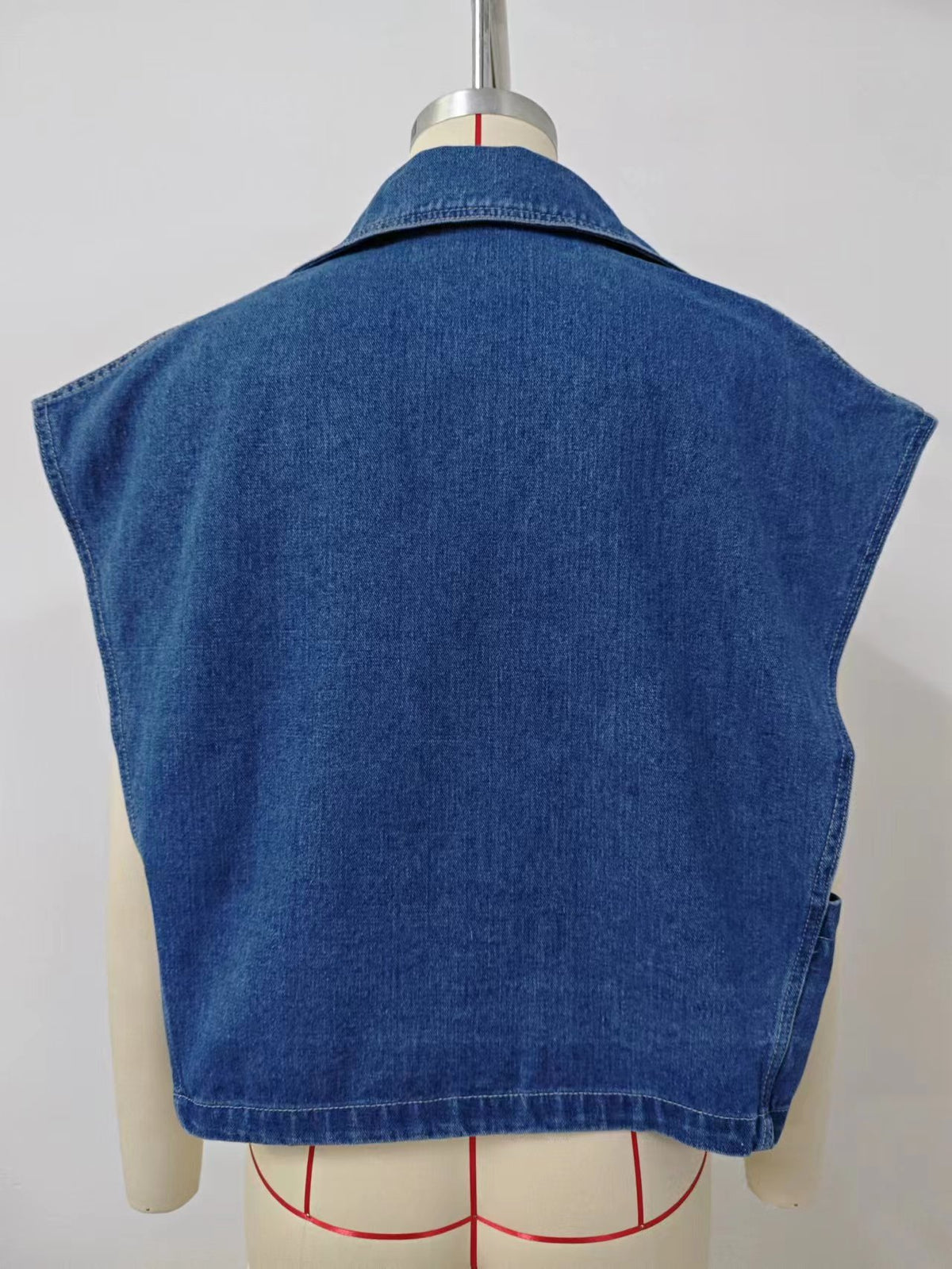 Sleeveless Lapel Double Breasted Denim Vest Jacket - Blue - 7