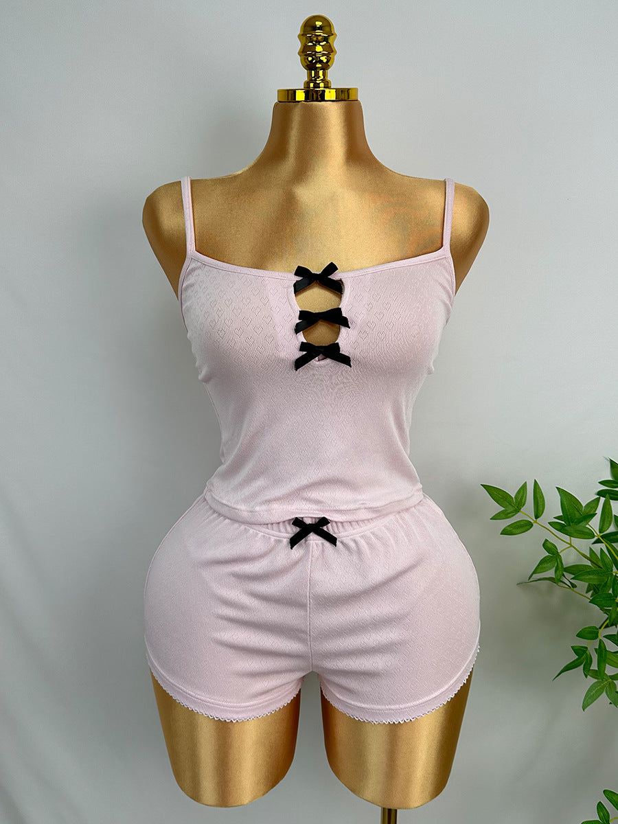 Bow Trim Cami And Shorts Pajama Set - Pink
