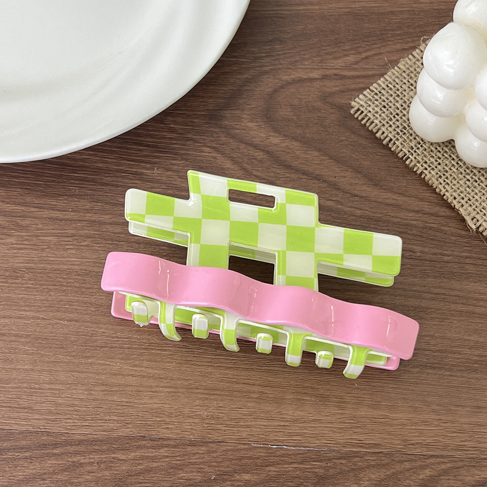 Checkerboard Wavy Acetate Claw Clip - Color_4