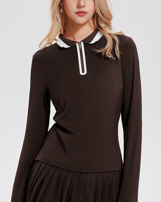Contrast Collar Half Zip Long Sleeve Top - Coffee