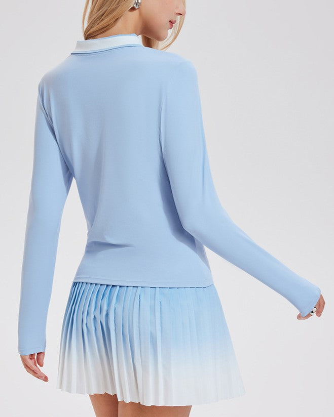 Contrast Collar Half Zip Long Sleeve Top - TBlue - 2