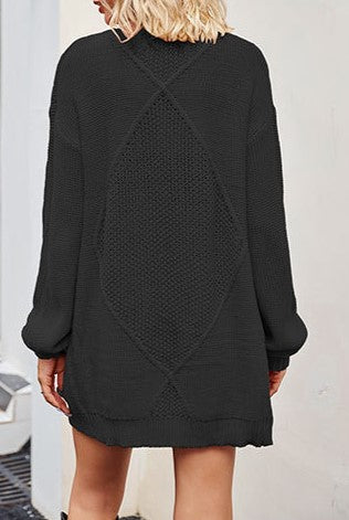 Cable Knit Open Front Pocket Cardigan - Black - 1