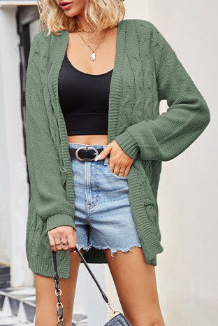 Cable Knit Open Front Pocket Cardigan - Green