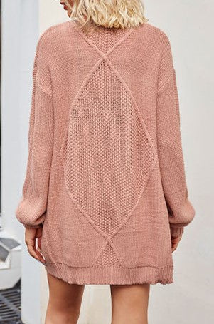Cable Knit Open Front Pocket Cardigan - Pink - 1