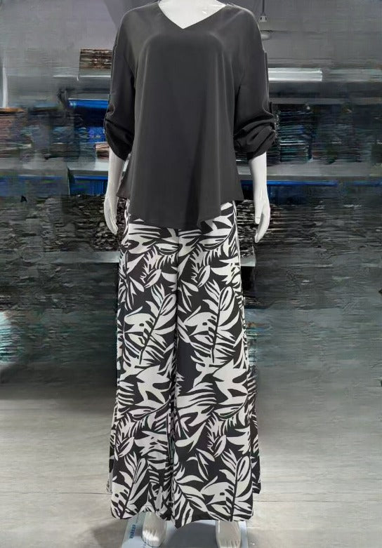 Leaf Print Wide Leg Pants Two Piece Set - Grey