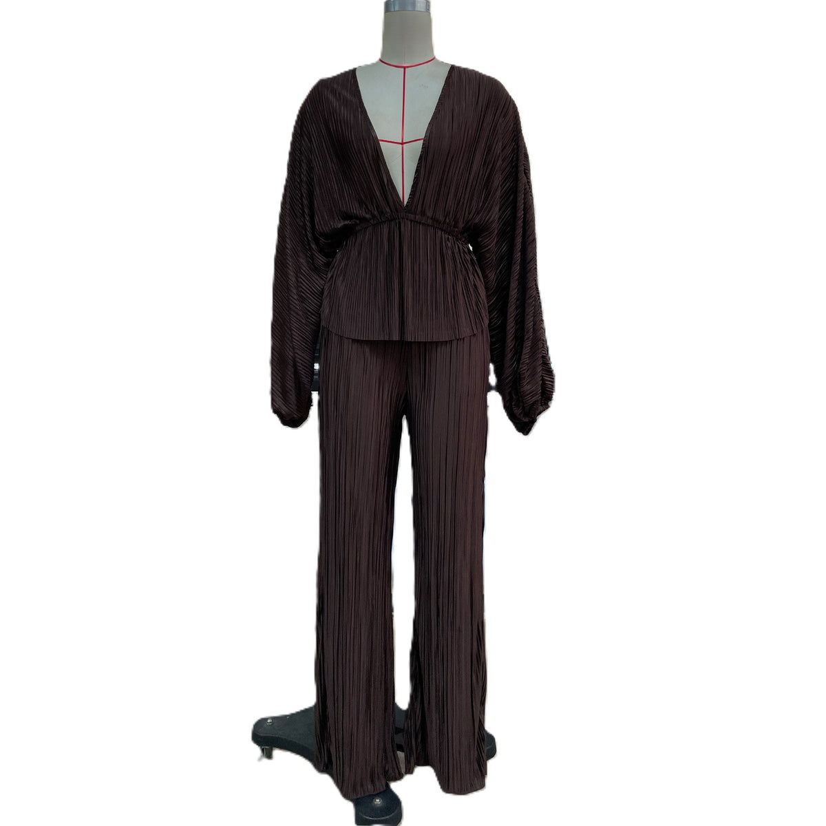 Pleated Deep V Wide Leg Two Piece Set - Curry