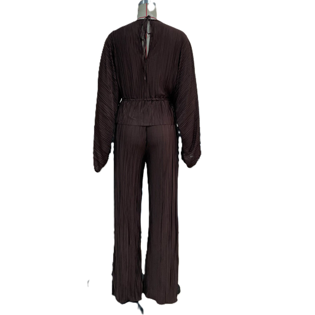 Pleated Deep V Wide Leg Two Piece Set - Curry - 1