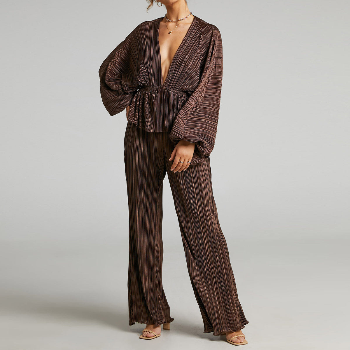 Pleated Deep V Wide Leg Two Piece Set - Curry - 2