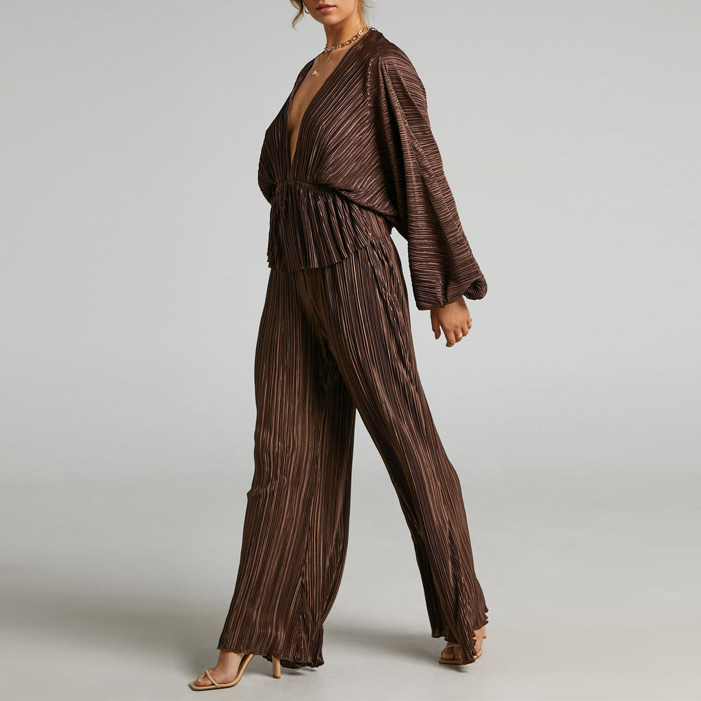Pleated Deep V Wide Leg Two Piece Set - Curry - 3
