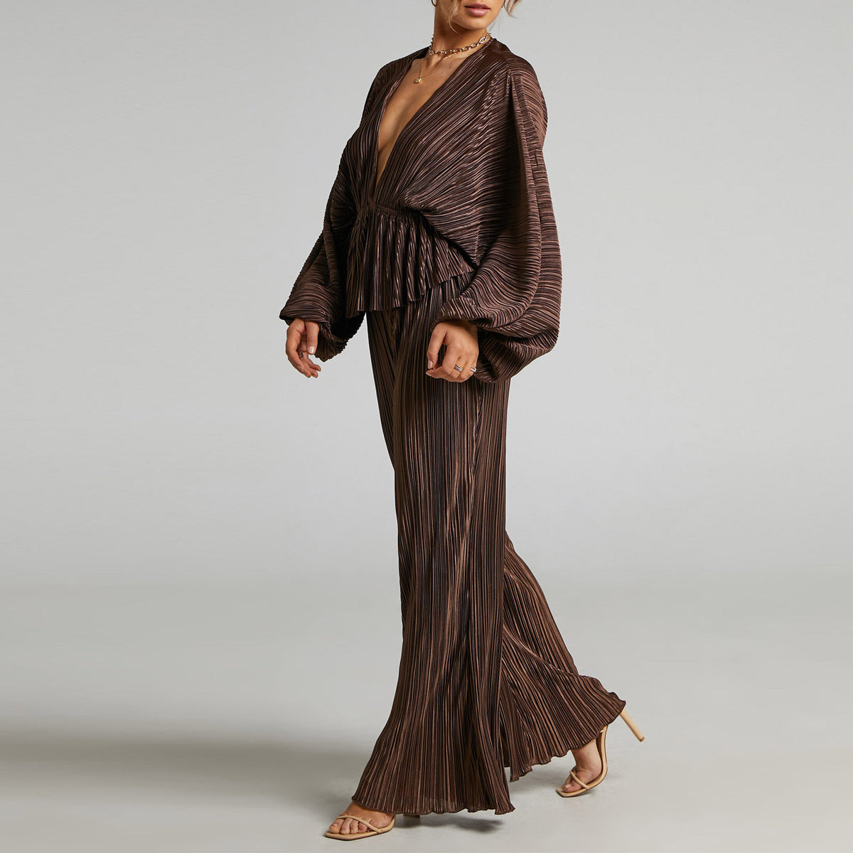 Pleated Deep V Wide Leg Two Piece Set - Curry - 4