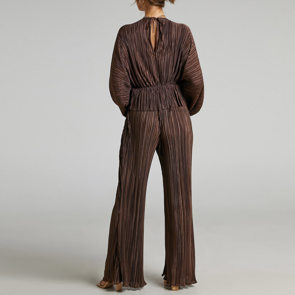 Pleated Deep V Wide Leg Two Piece Set - Curry - 5