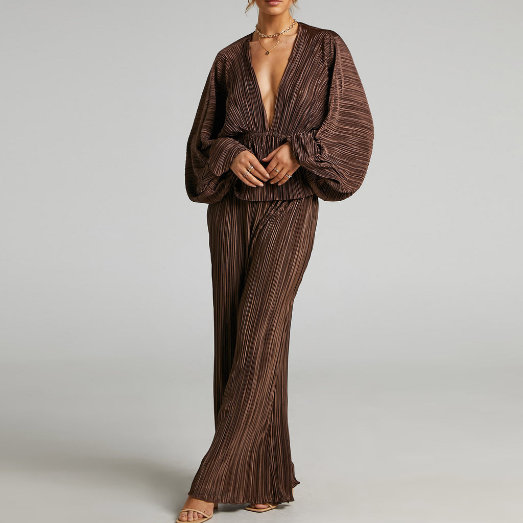Pleated Deep V Wide Leg Two Piece Set - Curry - 6