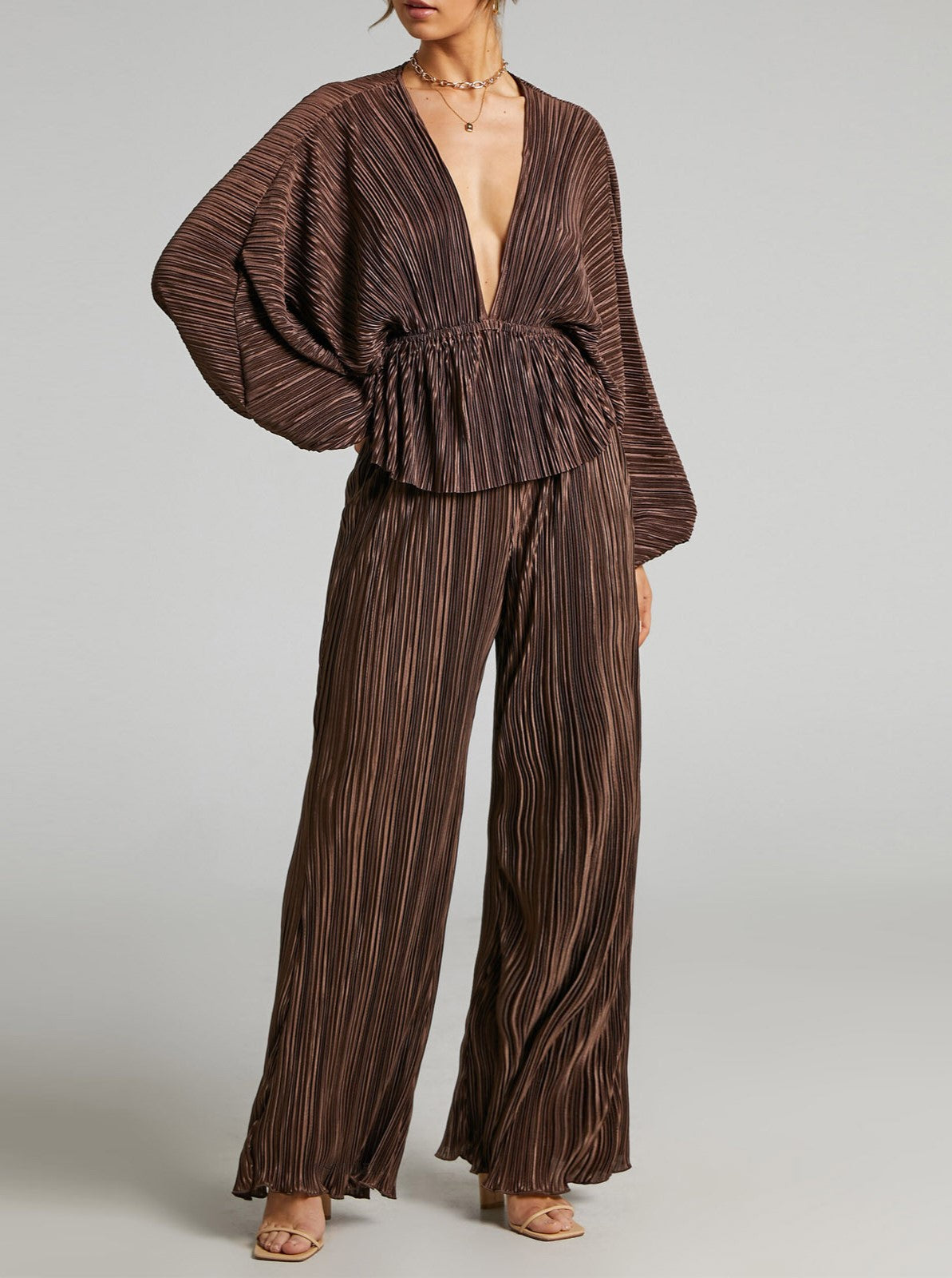 Pleated Deep V Wide Leg Two Piece Set - view 1